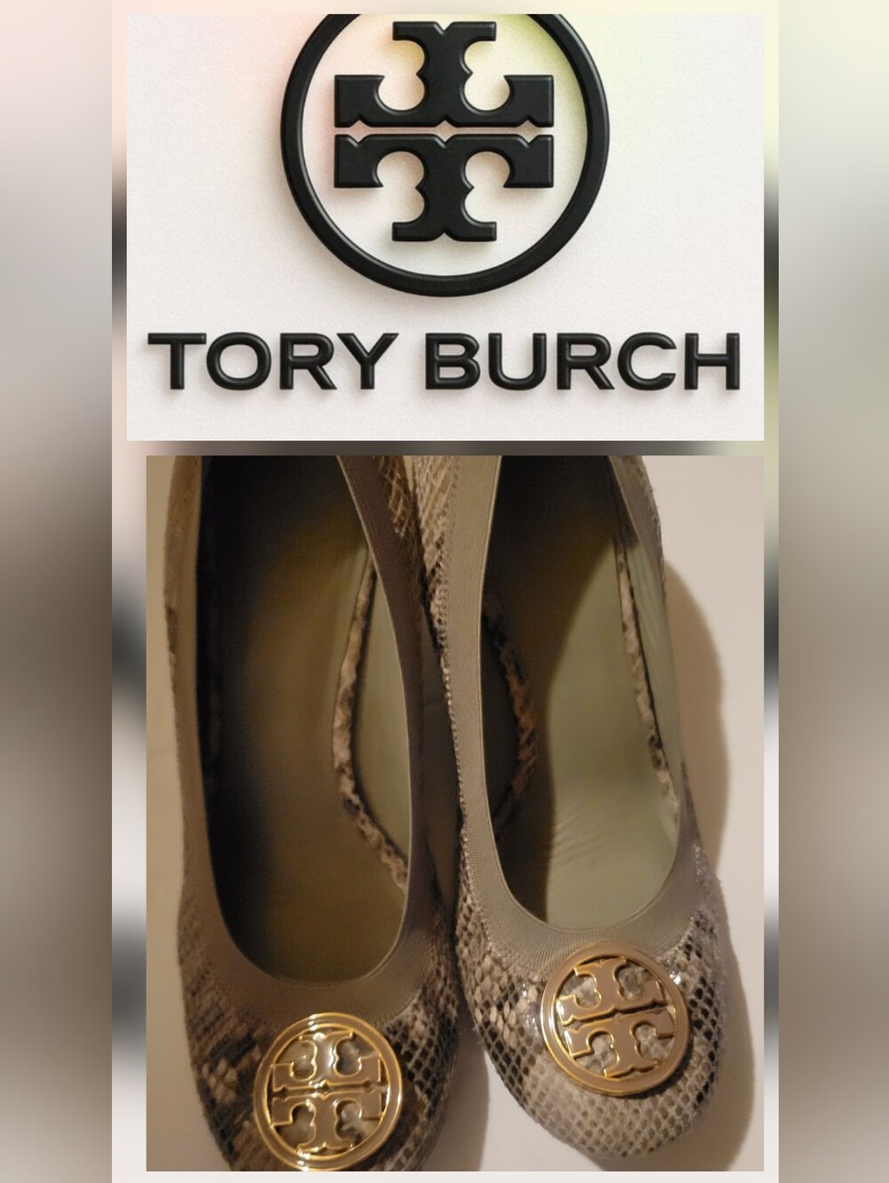 Tory Burch Women's Taupe Snakeskin Logo Ballet Flats